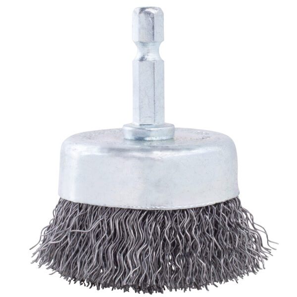 13974 - 2″ Crimped Cup Brush on 1/4″ Hex Shaft – .012 Coarse Wire - Side