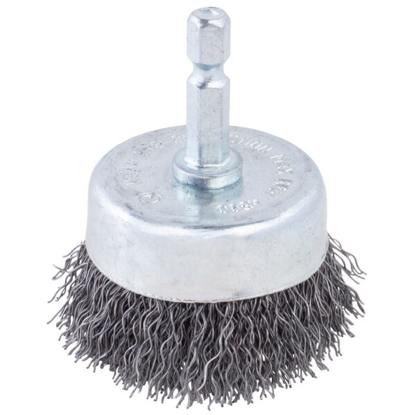 13974 - 2″ Crimped Cup Brush on 1/4″ Hex Shaft – .012 Coarse Wire - Side