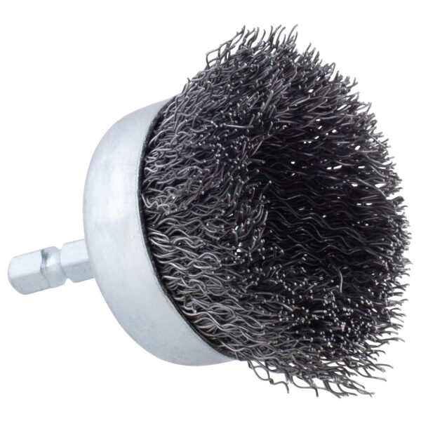 13974 - 2″ Crimped Cup Brush on 1/4″ Hex Shaft – .012 Coarse Wire