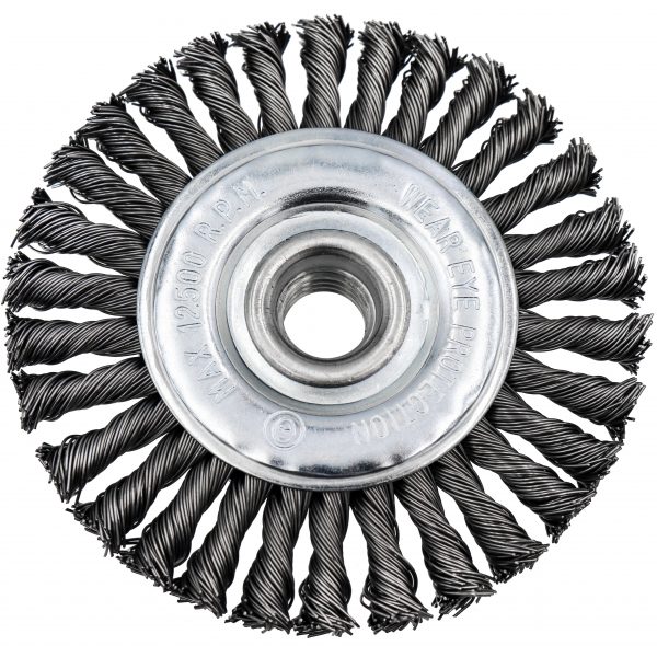 thumbnail image 2 of Wolverine 36218 4" Knot Wire Wheel - .020 Steel Fill Stringer Bead Twist, 5/8" Arbor 2 of 4