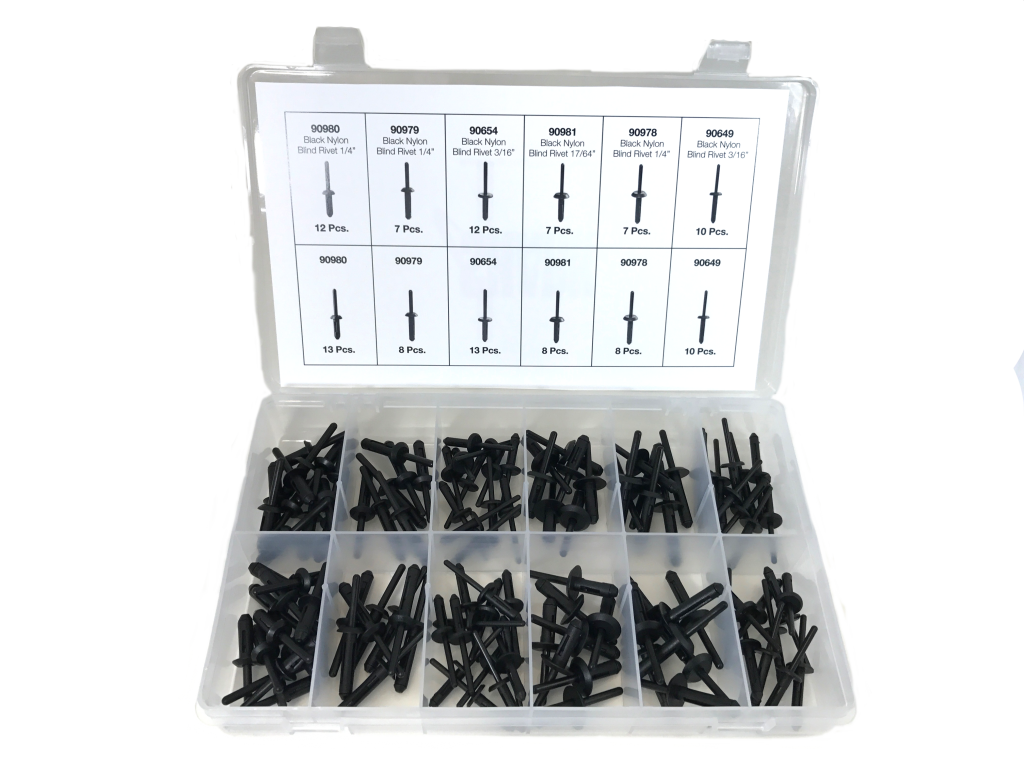 115 Piece Black Nylon Blind Pop Rivet Assortment in 12 Compartments ...