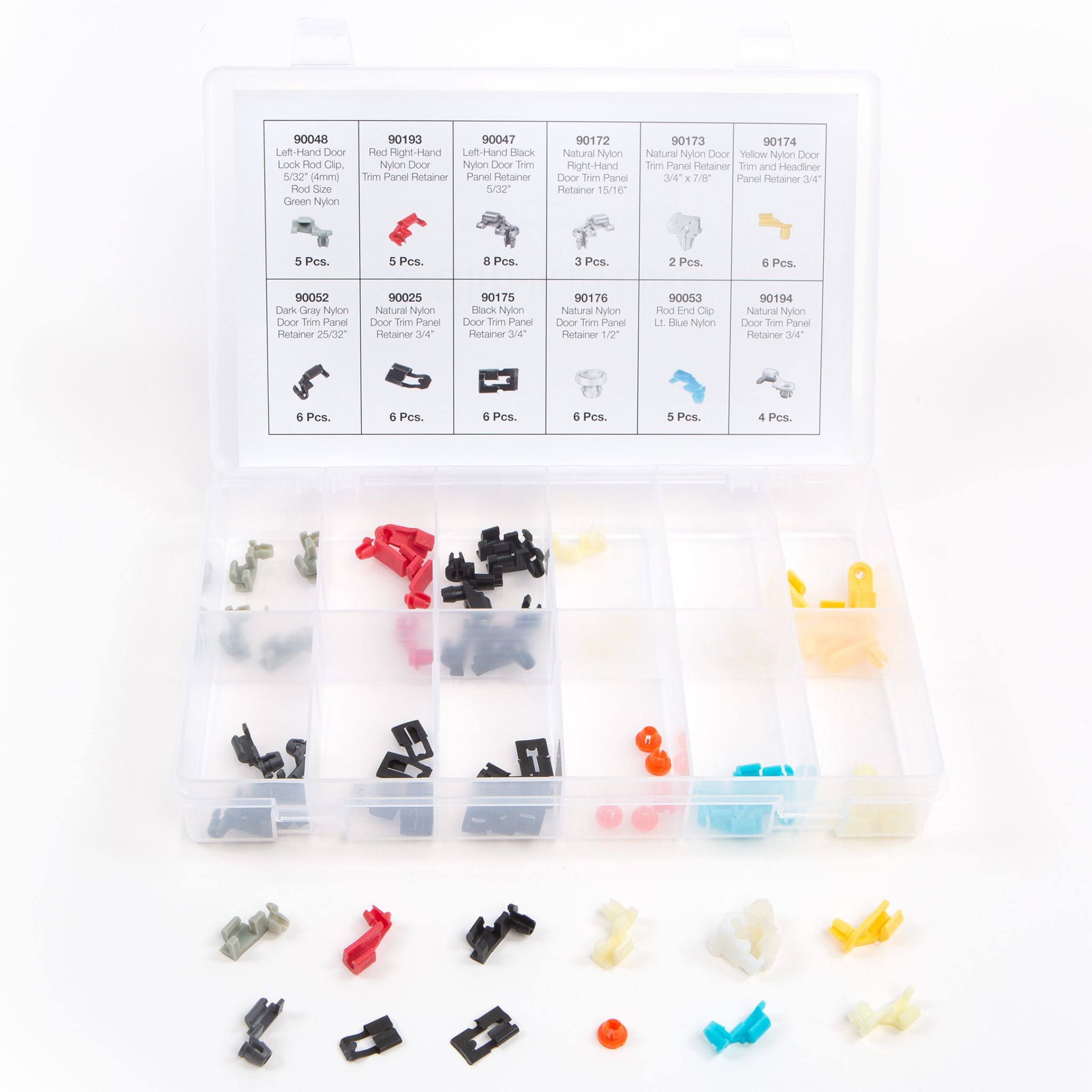 62 Piece Door Rod Lock Clip Assortment in 12 Compartments Shark