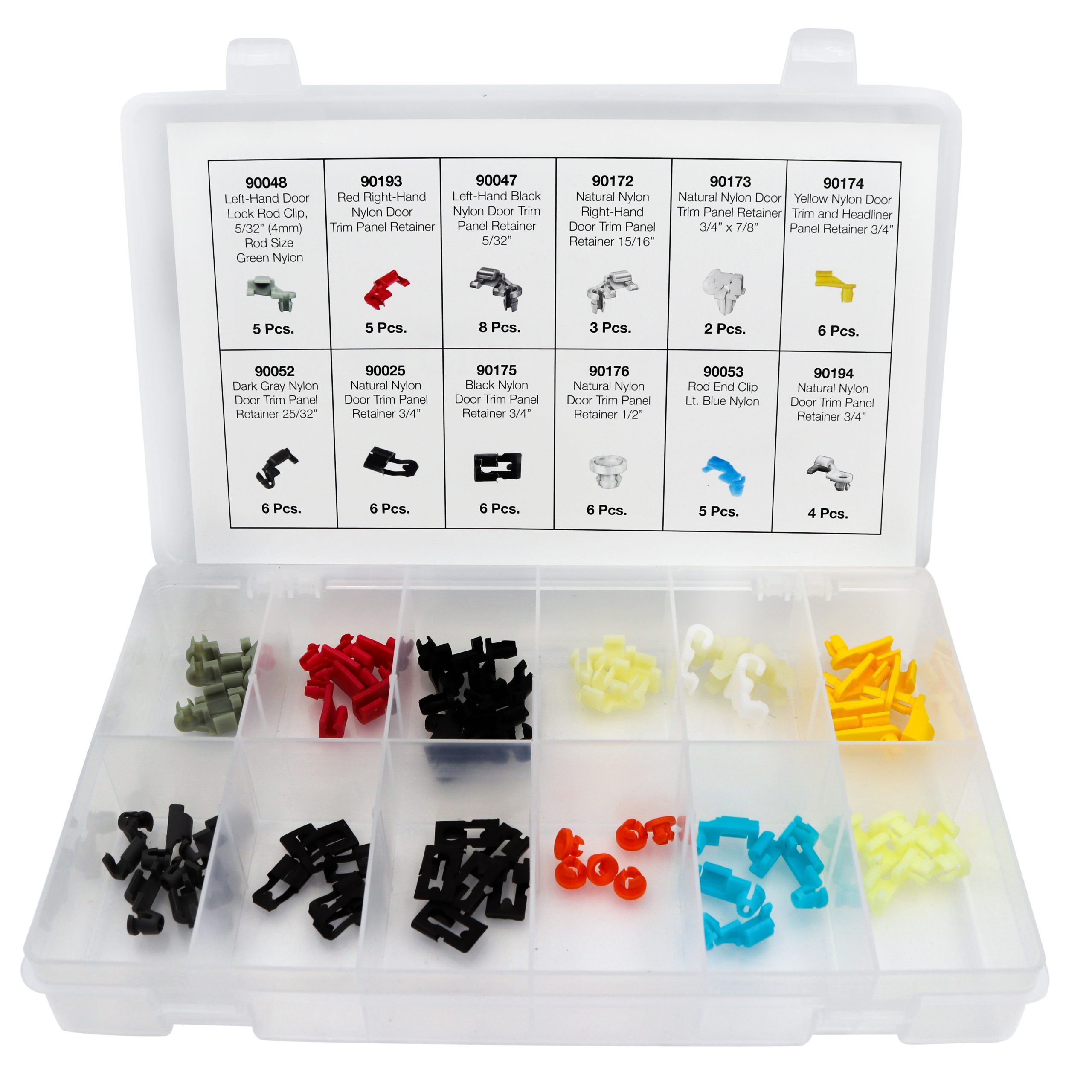 62 Piece Door Rod Lock Clip Assortment in 12 Compartments Shark
