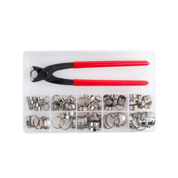 91 Piece Pinch type Hose Clamp Set with Crimping Tool included.