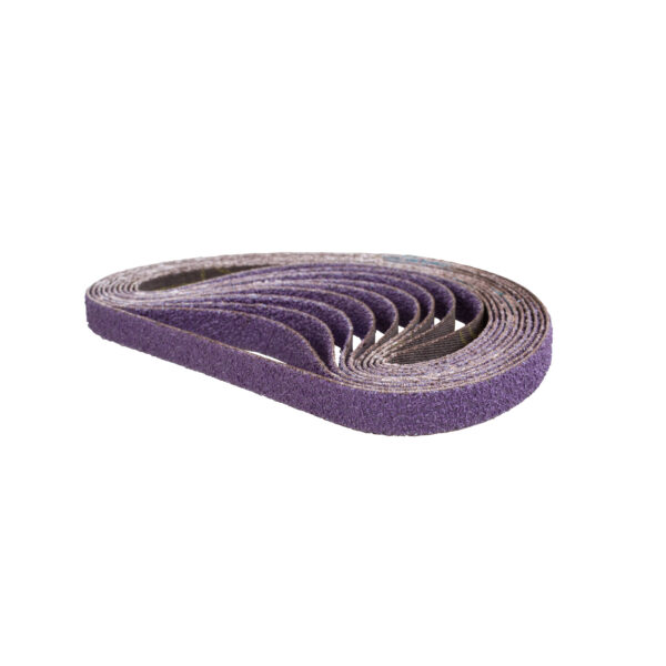 Aggressive grit mini ceramic belts designed for heavy stock removal in tight spaces.