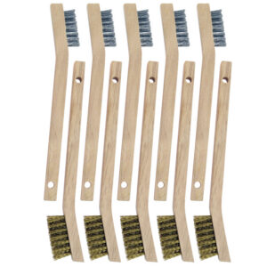 12 Wooden Handle Compact Scratch Brushes - Stainless Steel & Brass Assortment